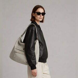 Laggo Leather Hobo Shoulder Bag Gray Soft Pebble‎ Studded Pocket Everyday Purse